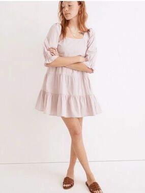 Madewell Cotton Blush Pink Tiered Mini Dress Puff Sleeve Square Neck Size 14